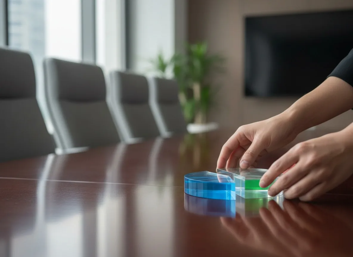 Hands adjusting a pie chart segment on a boardroom table under soft light