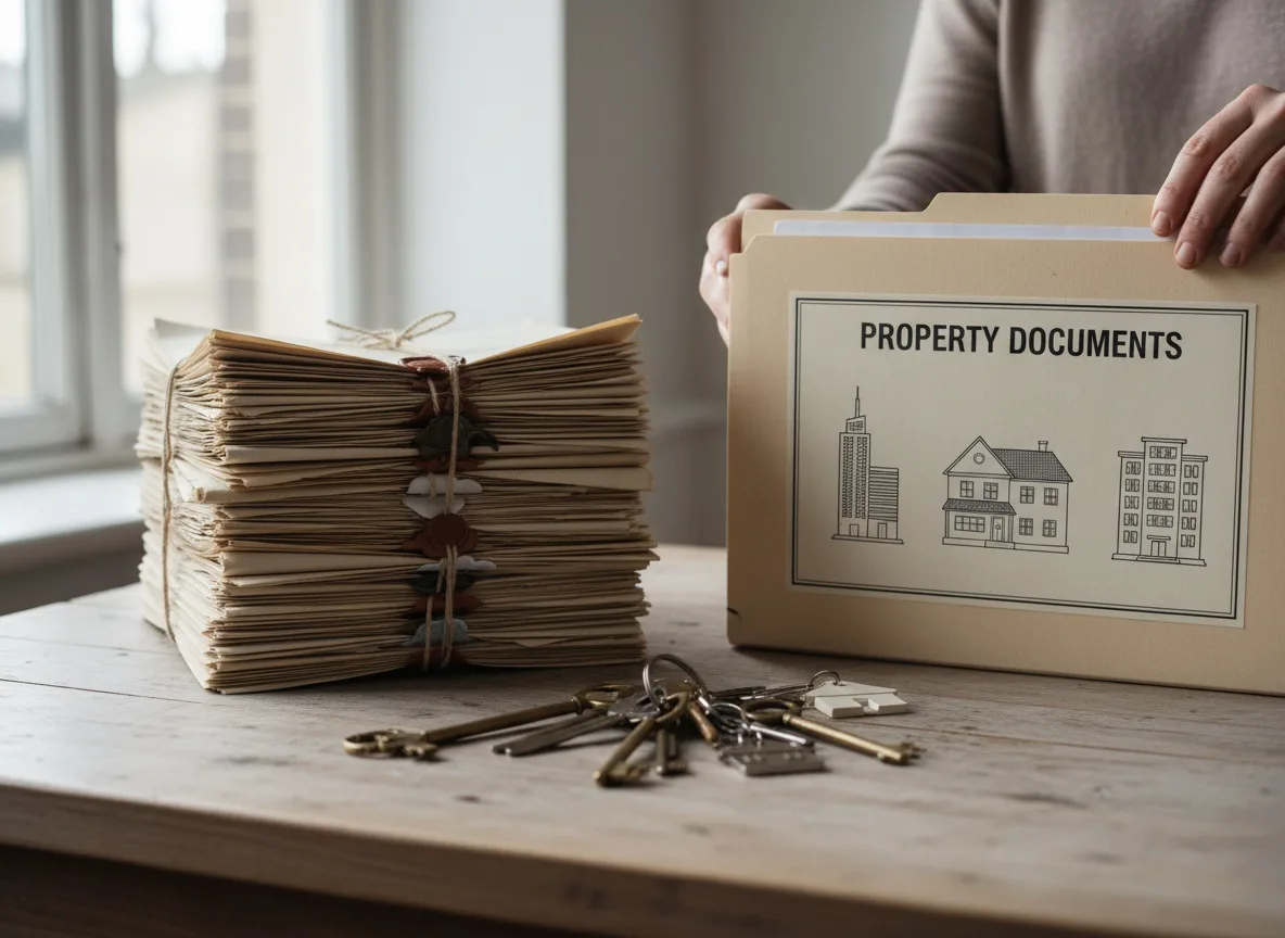 Property deeds and keys stacked on wooden desk with building folder in soft natural light