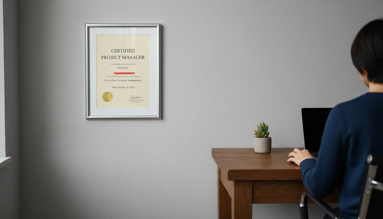 Framed professional certification displayed on office wall next to wooden desk