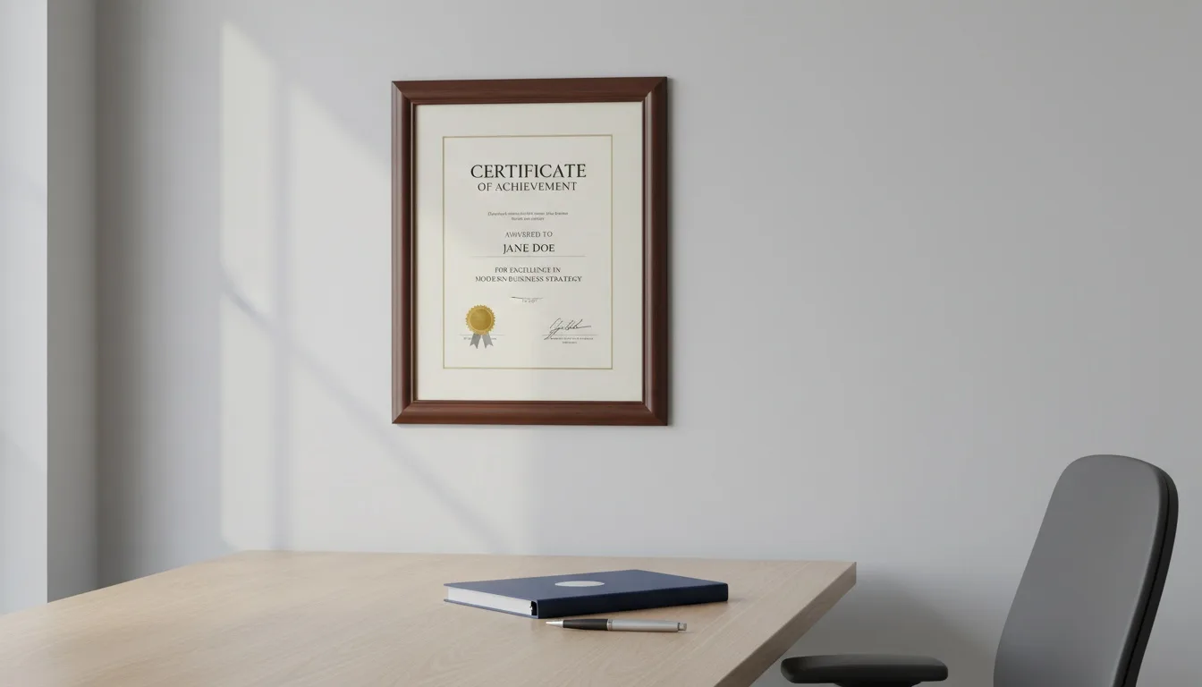 Framed professional certificate displayed on neutral office wall beside desk with pen and folder