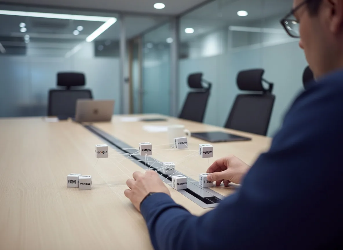 Hands arranging labeled building blocks representing companies connected by string lines on a table