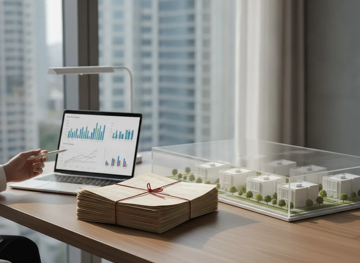 Modern office desk with property deeds stack, architectural building model, and laptop displaying charts near window light