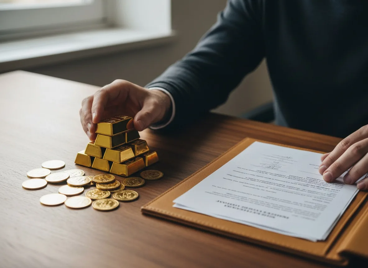 Hands stacking gold bars and coins beside financial documents on wooden desk