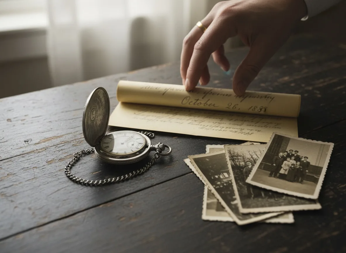 Hand placing dated document next to antique pocket watch and family photographs on wooden desk