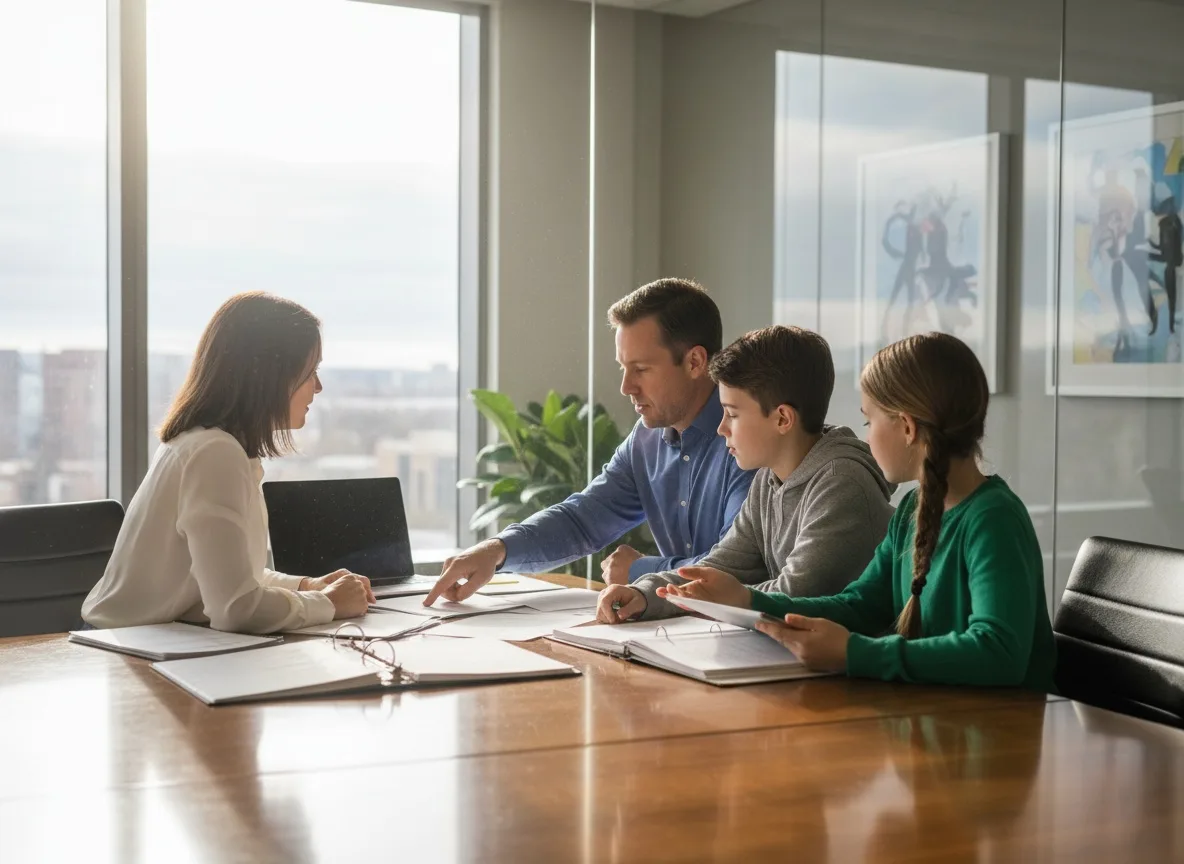 Family reviewing financial documents and folders at a table in natural window light