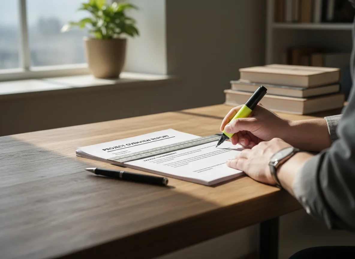 Wooden desk with printed report, ruler, and pen in natural window light