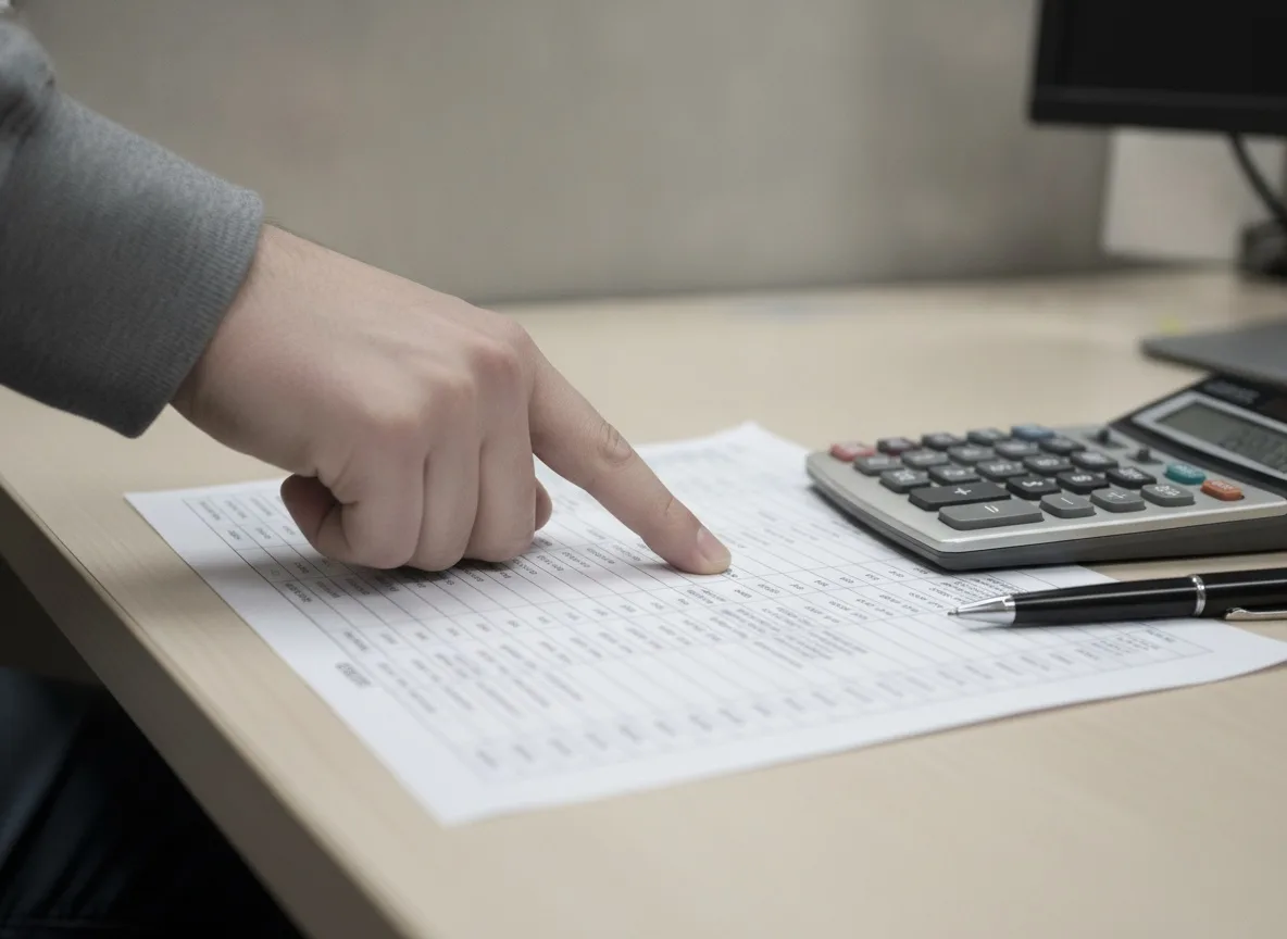 Hand pointing at printed balance sheet with calculator and pen on desk