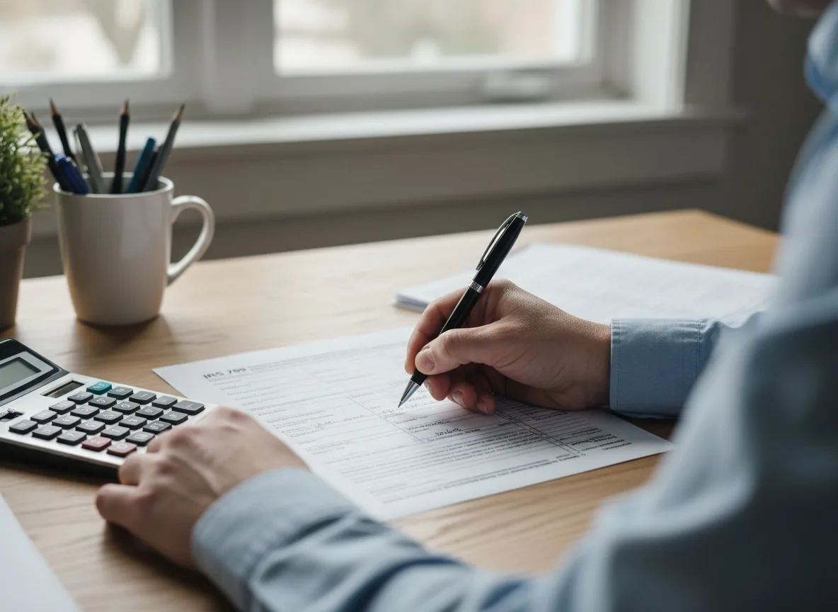 Hands completing IRS Form 709 at a desk with calculator and pen in natural light
