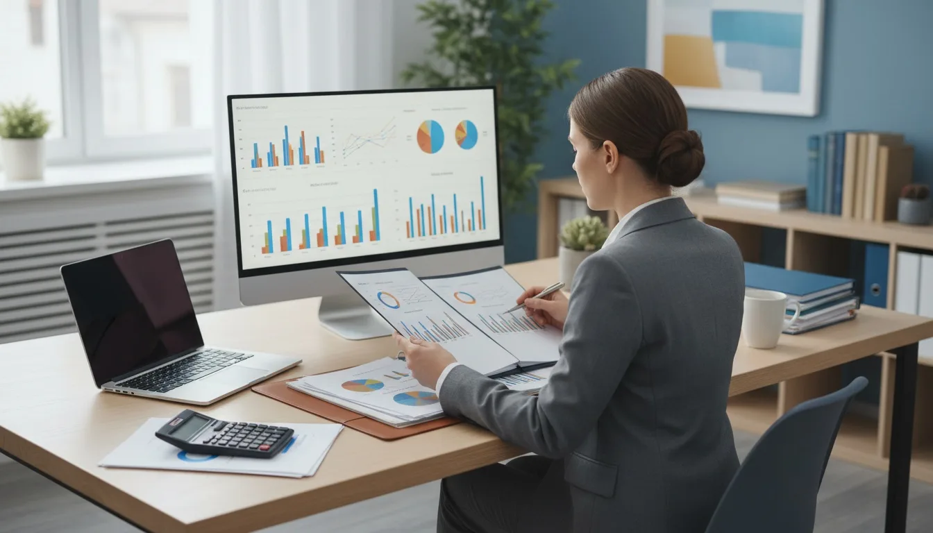 Certified appraiser reviewing financial documents and charts at desk with calculator and laptop
