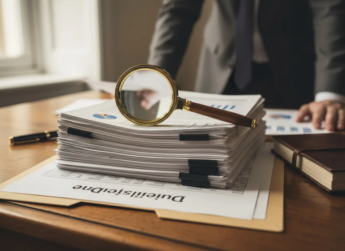 Magnifying glass on stack of financial documents and Due Diligence folder on wooden desk