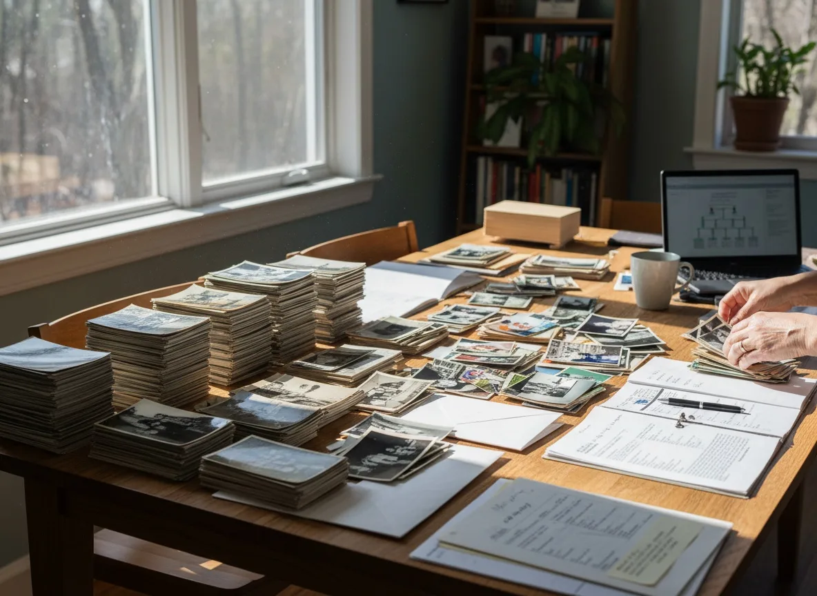 Organized stacks of family photos and documents on a dining table by sunlit window