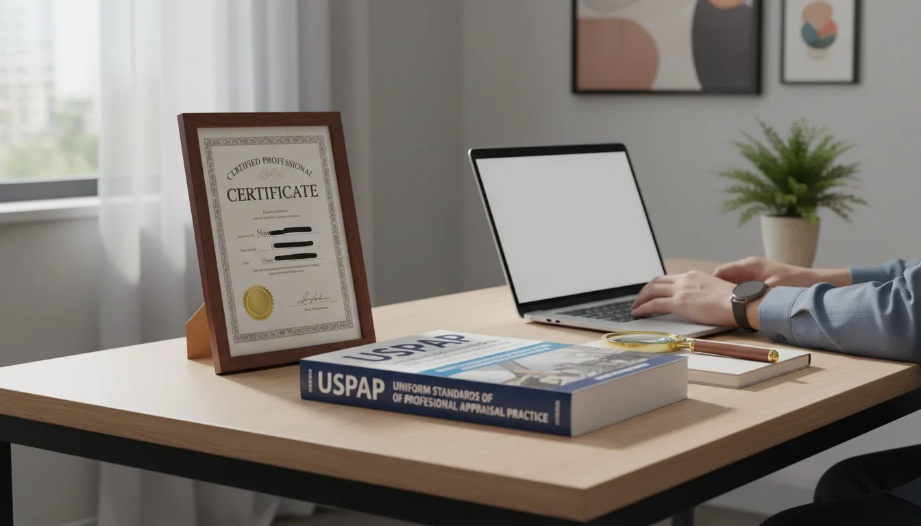Framed appraiser's certificate and USPAP manual displayed on office desk with laptop and magnifying glass