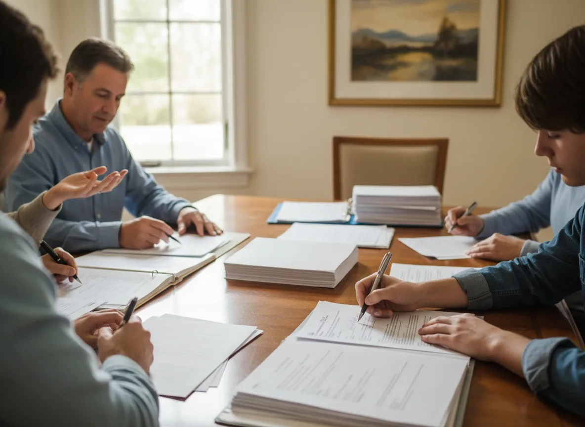 Family signing financial documents at table together