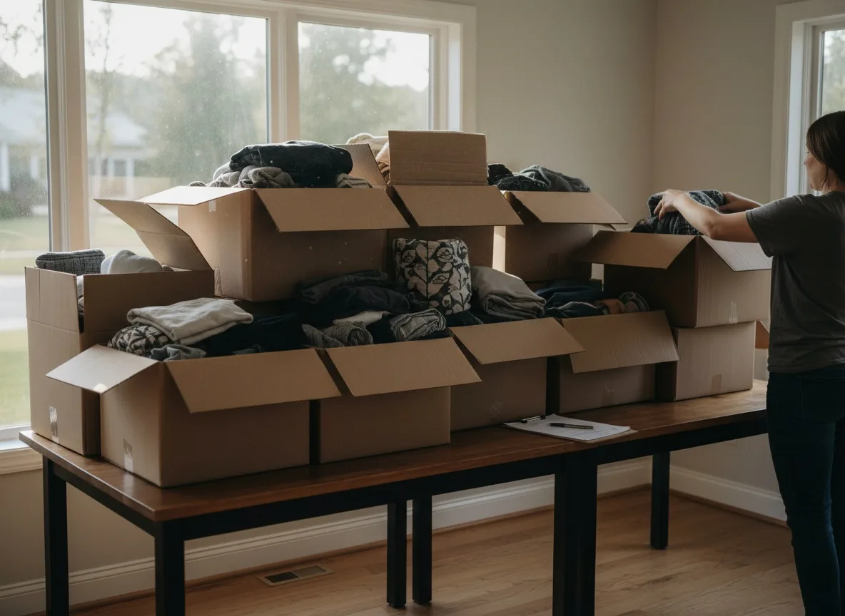 Stacked cardboard boxes of donated clothing and household items on a table with clipboard and natural daylight