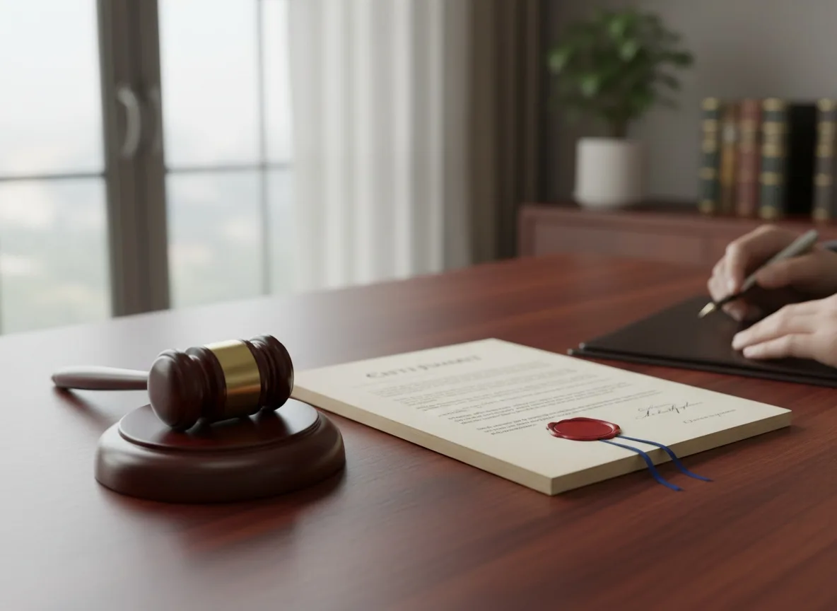 Gavel and folded legal document on wooden desk with natural window light