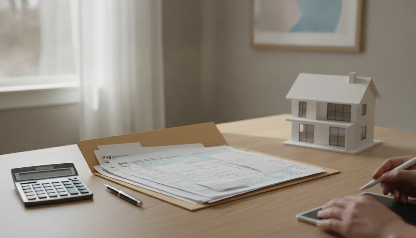 Home office desk with tax documents folder, calculator, pen, and house model in daylight