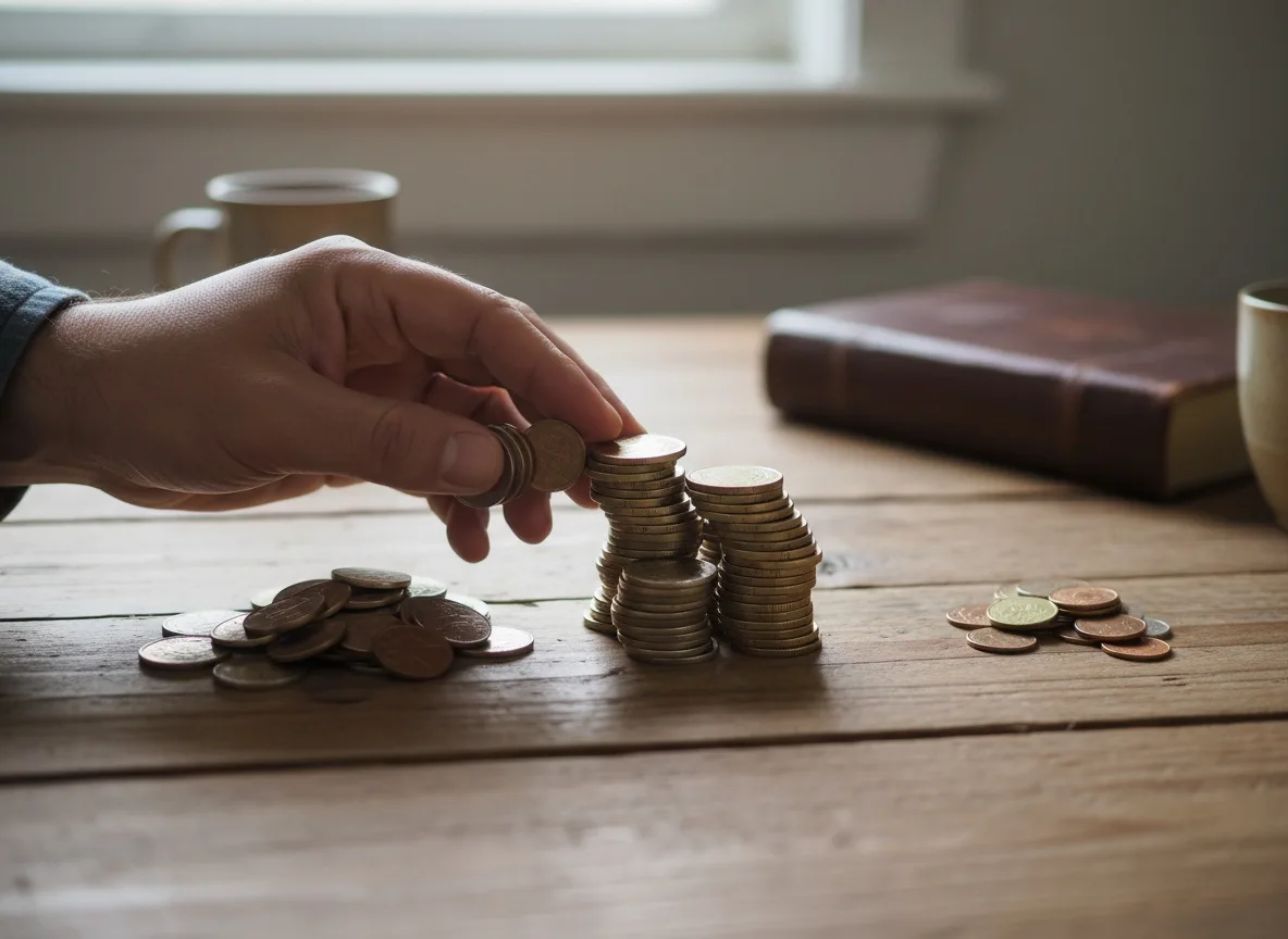 Hands dividing coins into unequal piles on wooden table
