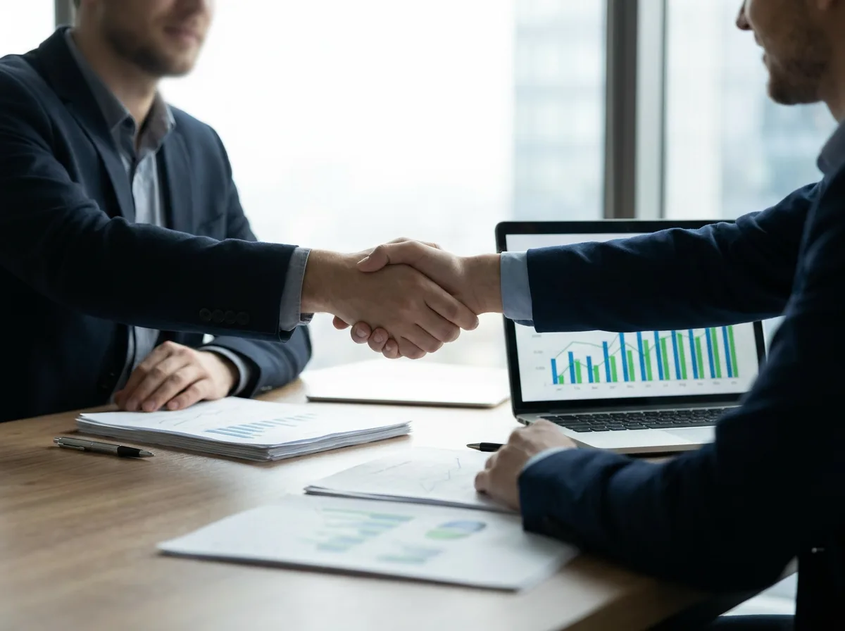 Two business professionals shaking hands over conference table with documents and laptop displaying financial charts