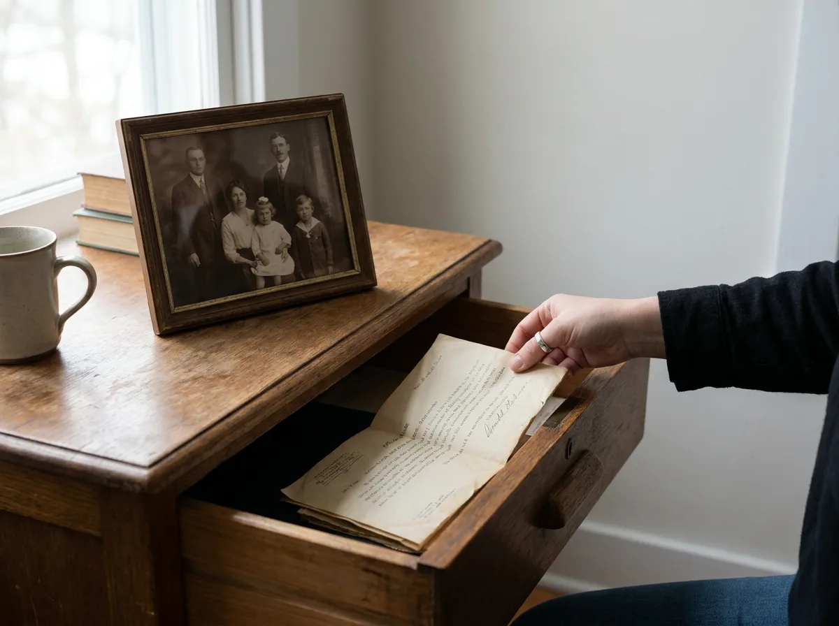 Hand placing folded document into wooden desk drawer next to family photograph