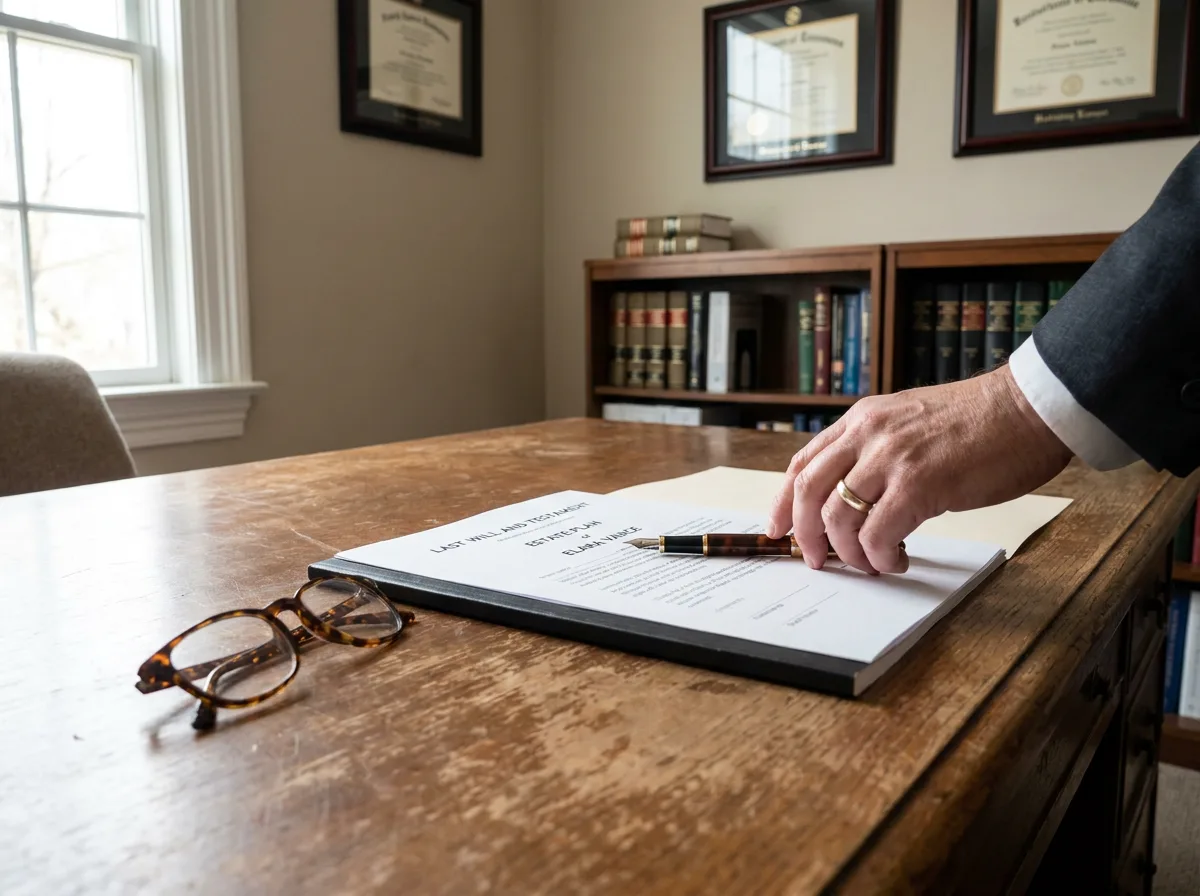 Family lawyer's desk with estate planning document, fountain pen, and reading glasses in natural light
