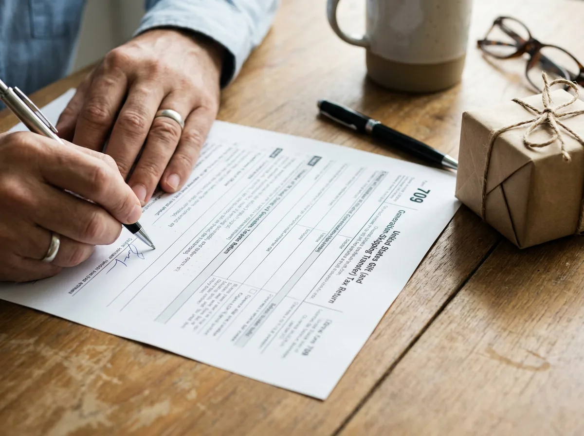 Hand signing IRS Form 709 at wooden desk with pen and wrapped gift box