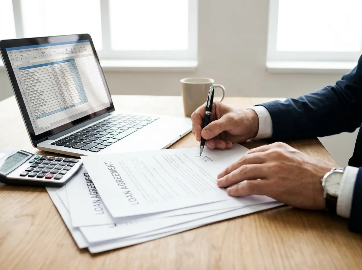 Businessperson signing loan documents at desk with laptop and calculator