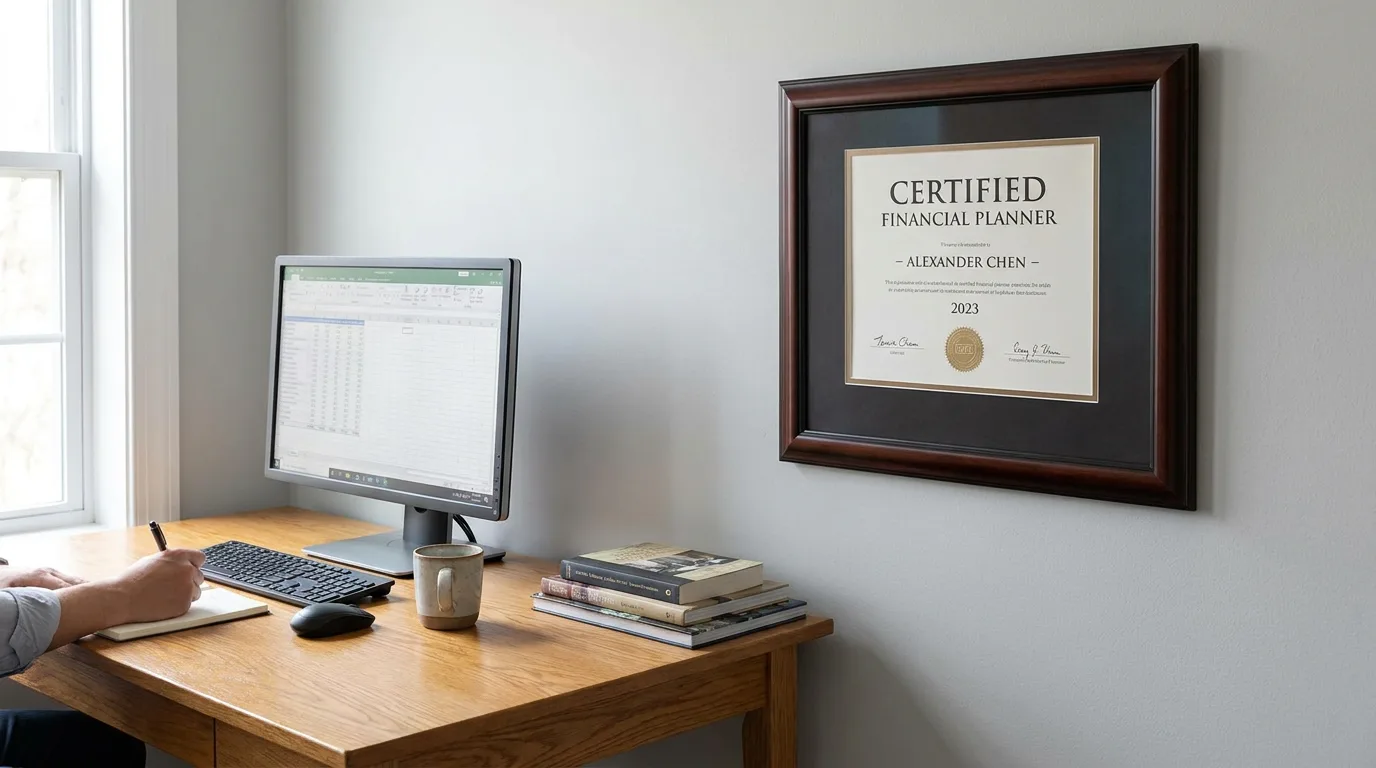Framed professional certificate displayed on office wall next to wooden desk