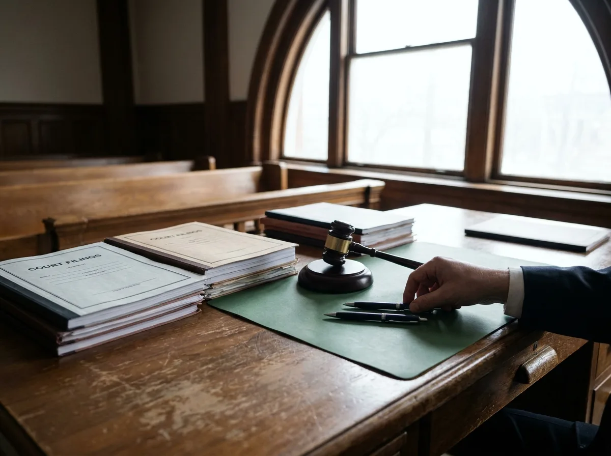 Courtroom desk with legal documents, gavel, and two pens in natural window light