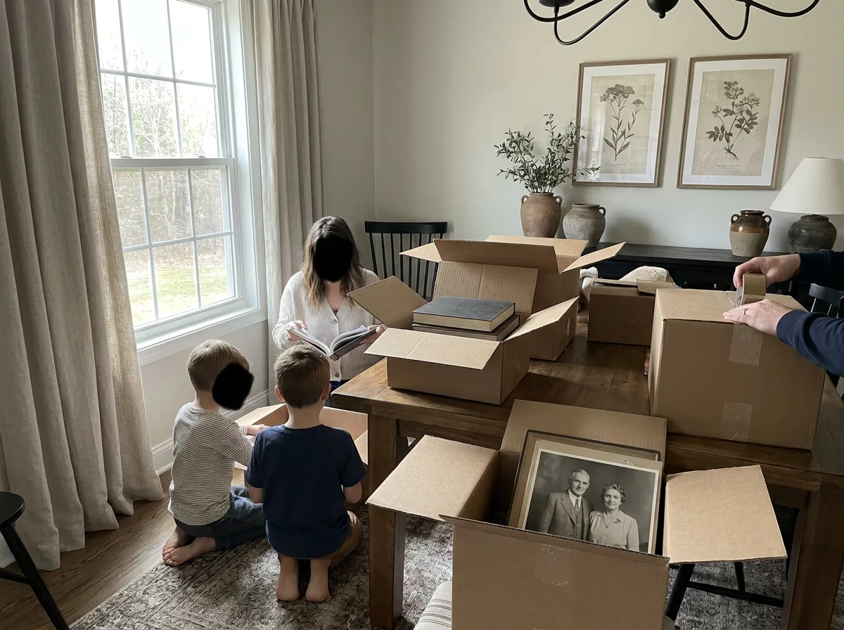 Family sorting moving boxes at dining table with natural window light