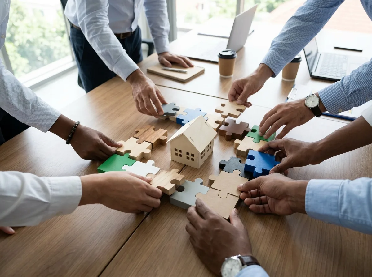 Business partners stacking puzzle pieces around a model house on a conference table