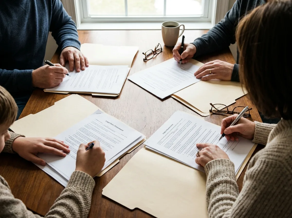 Family signing financial documents at table during business valuation review