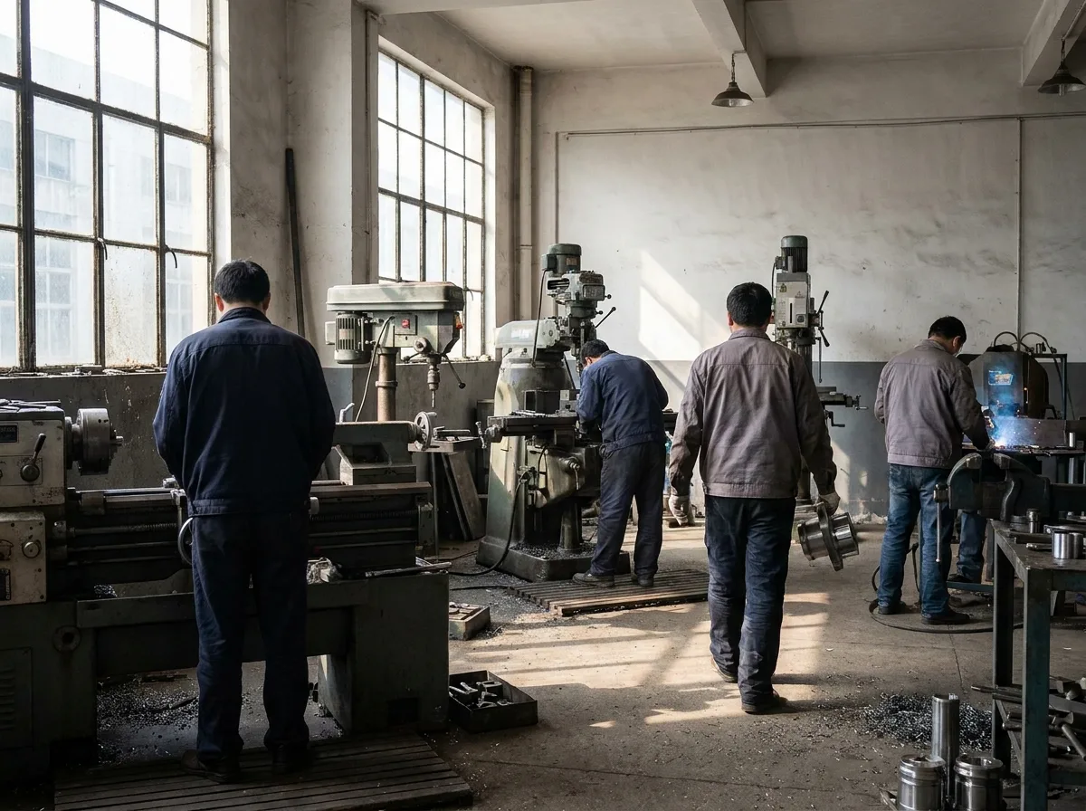 Manufacturing workshop with workers operating machinery near large windows with natural light