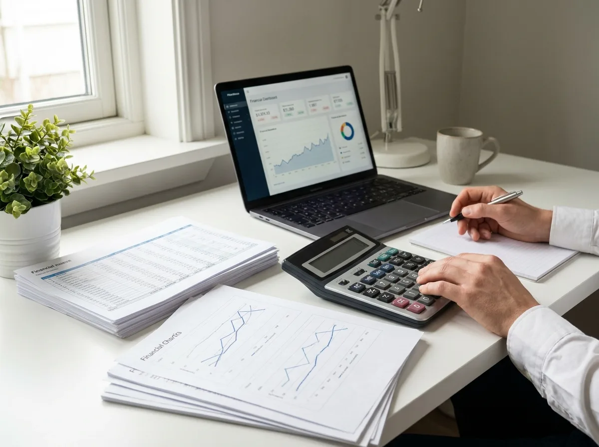 Financial documents and charts spread on office desk with calculator under natural light