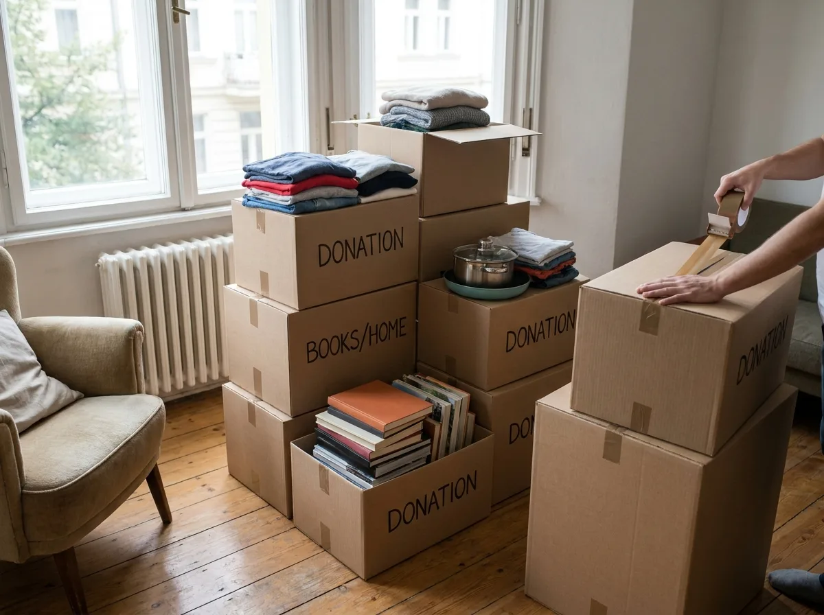 Stacked cardboard boxes filled with folded clothes and household items by a window