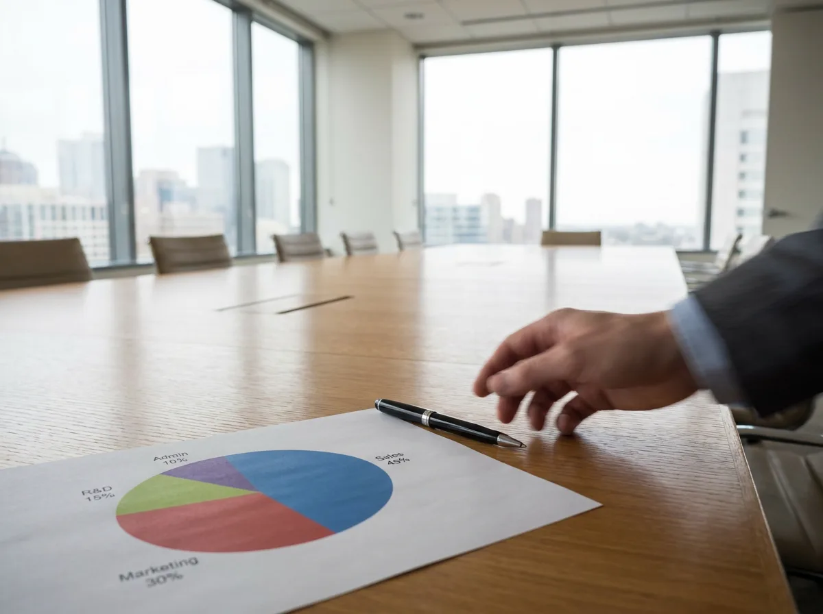 Pie chart document with unequal slices on boardroom table with pen and window light