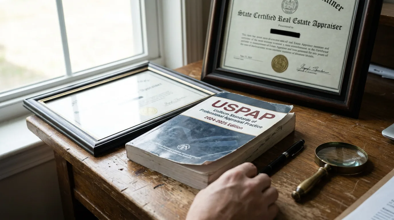 Framed appraiser certification and USPAP handbook on wooden desk with pen and magnifying glass