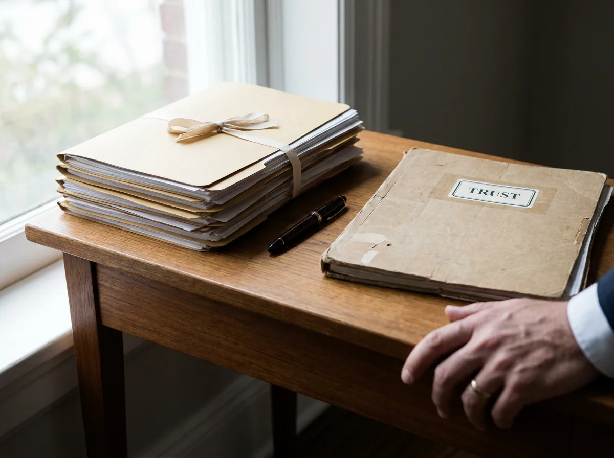 Legal documents stack with pen and Trust folder on desk with natural window light