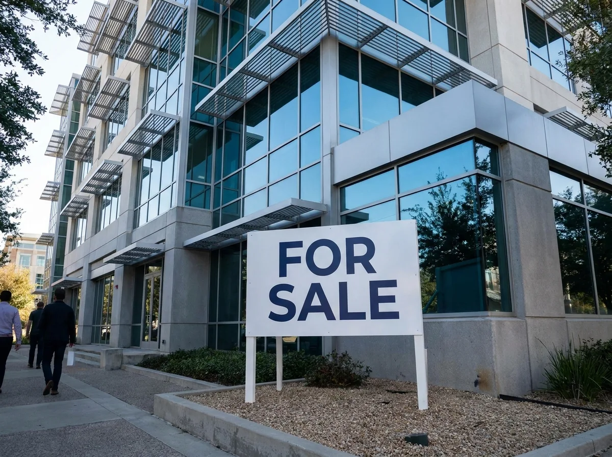 Modern office building with For Sale sign under daylight