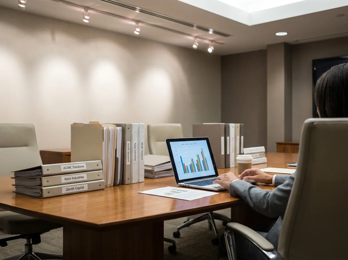 Conference table with organized document stacks, folders labeled with company names, and laptop displaying bar charts