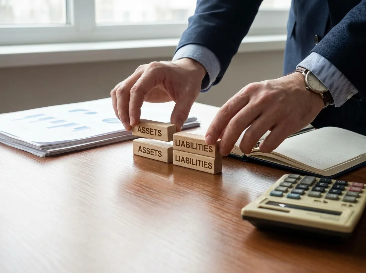 Hands arranging wooden blocks labeled "assets" and "liabilities" next to financial documents and calculator