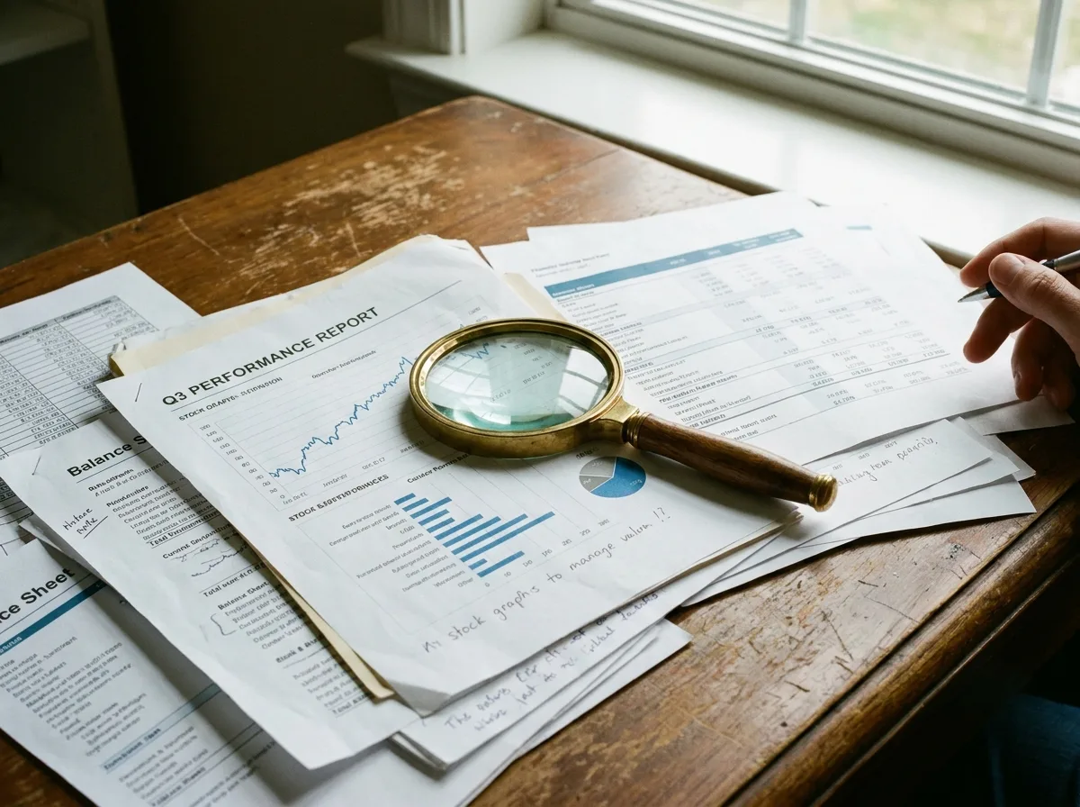 Magnifying glass on financial documents and charts on wooden desk