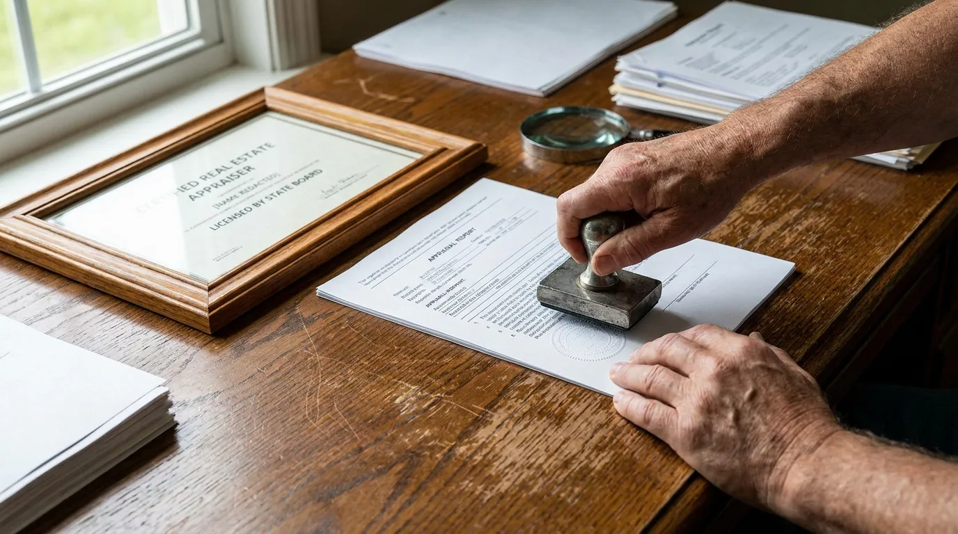 Appraiser's hands stamping official document next to framed credential on wooden desk
