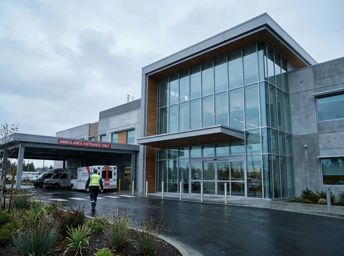 Modern hospital building with glass entrance and ambulance bay