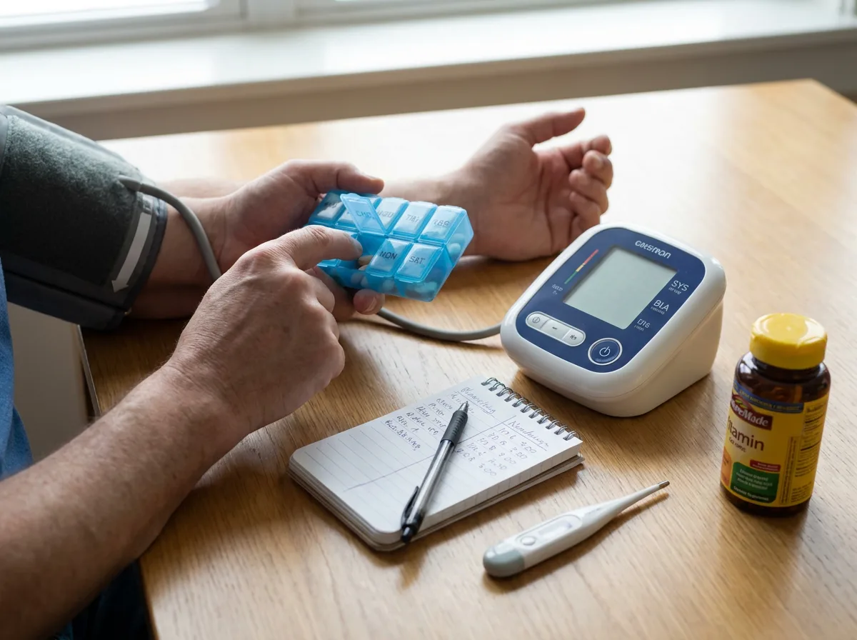 Personal medical items including thermometer, stethoscope, and pills