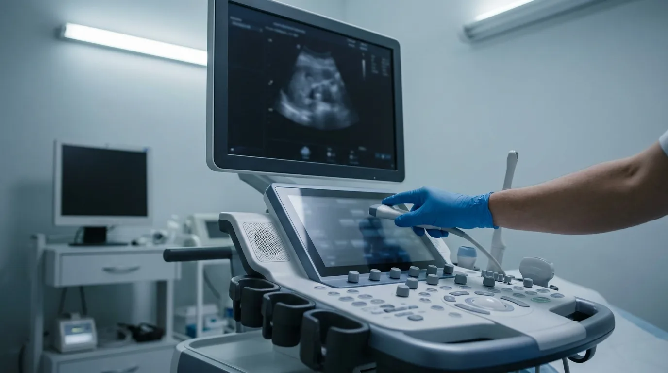 Gloved hand examining an ultrasound machine in a clinical setting