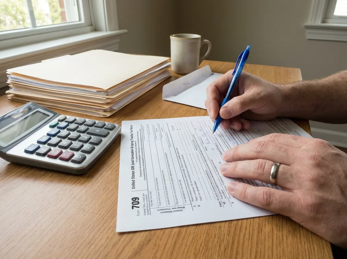 Hand filling out IRS Form 709 with calculator and pen at desk with stacked financial documents