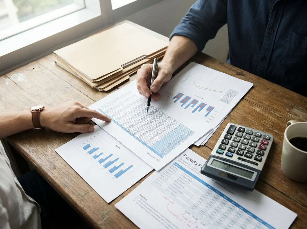 Hands reviewing financial documents and charts on desk with calculator