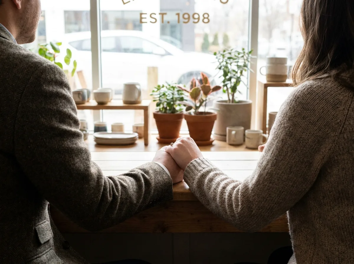 Parent and adult child shaking hands across a shop counter in natural daylight