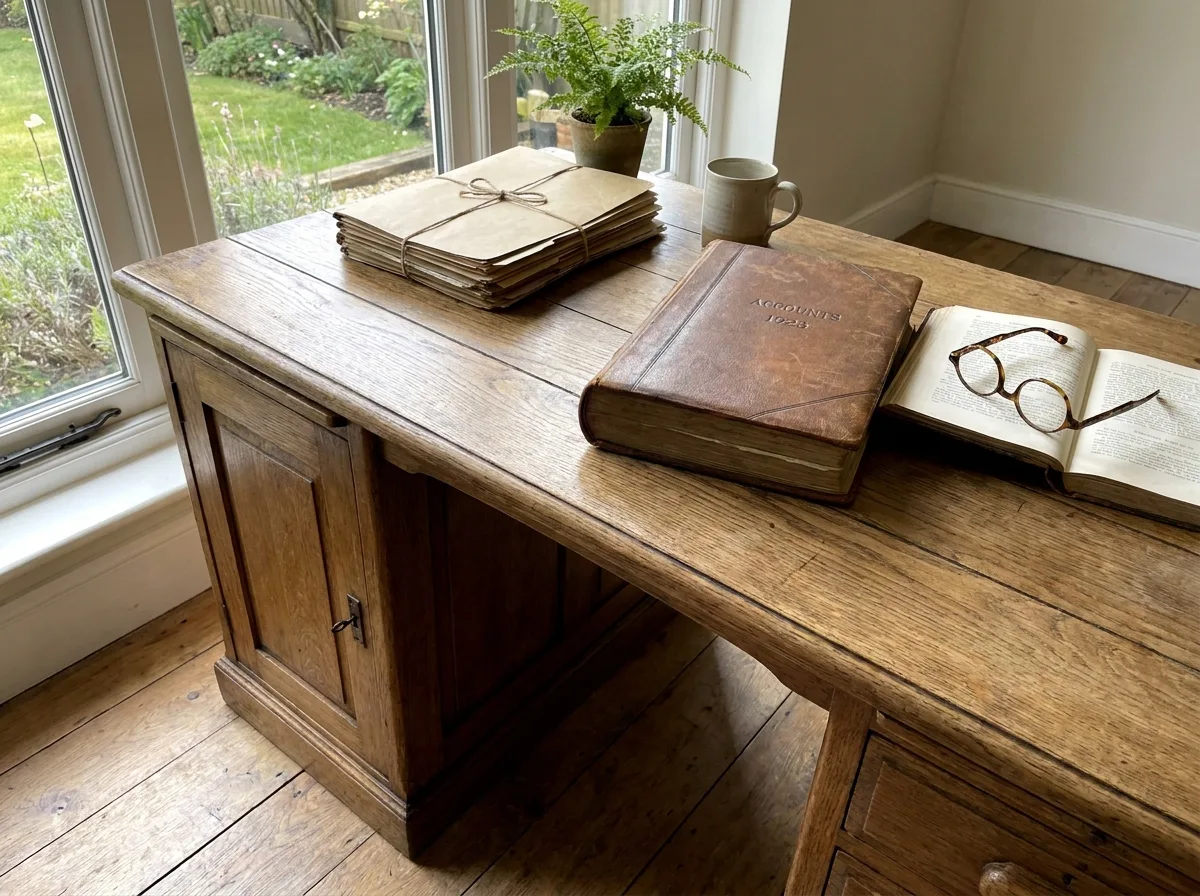 Weathered wooden desk with stacked file folders, closed ledger book, and reading glasses in natural window light
