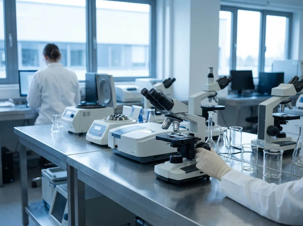 Laboratory instruments and microscopes arranged on stainless steel bench in research lab